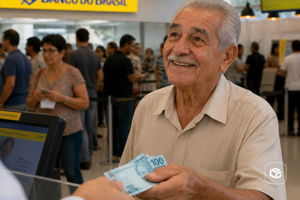 Idoso sorridente entrega notas de dinheiro em agência bancária