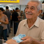 Idoso sorridente entrega notas de dinheiro em agência bancária